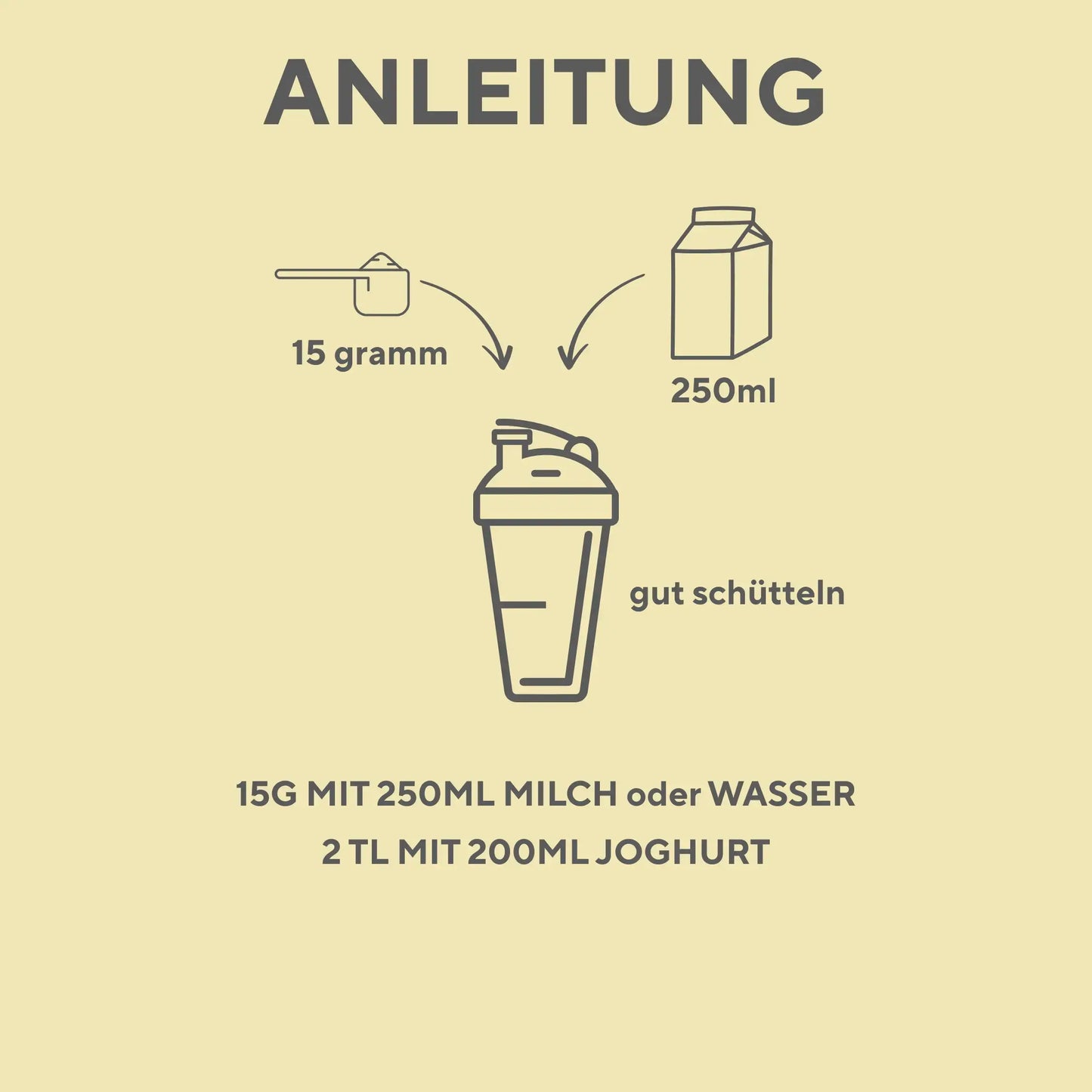 Anleitung zur Zubereitung einer Fruchtpulvermischung.