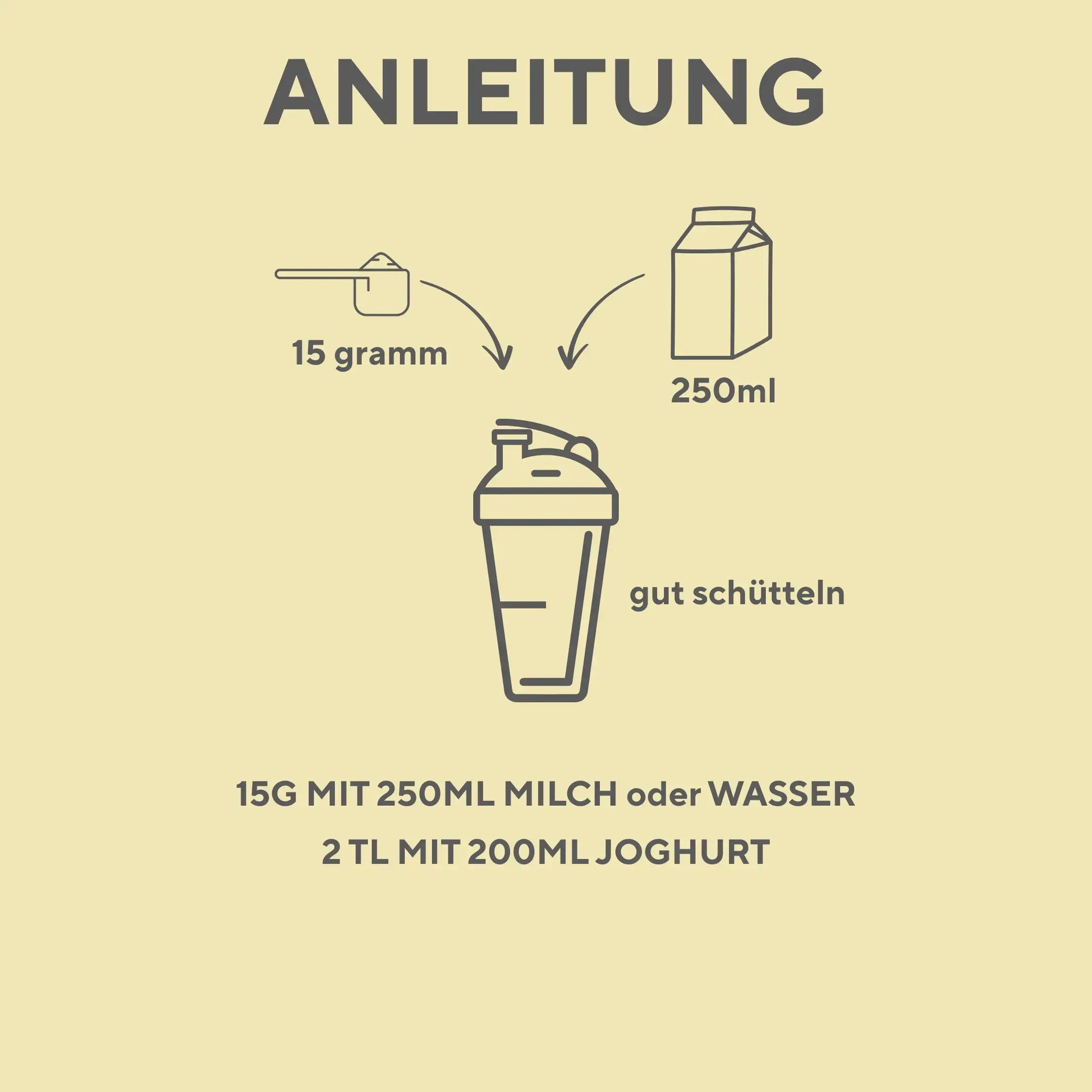 Anleitung zur Zubereitung einer Fruchtpulvermischung.