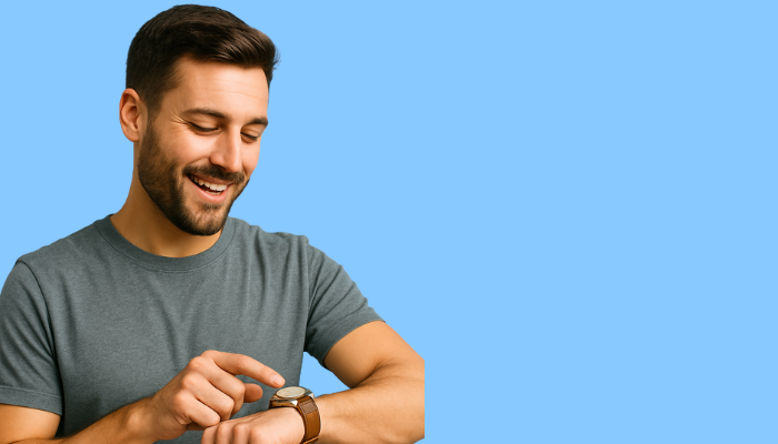 Abgebildet ist ein Mann, welcher auf seine Uhr schaut auf einem langen blauen Hintergrund. 