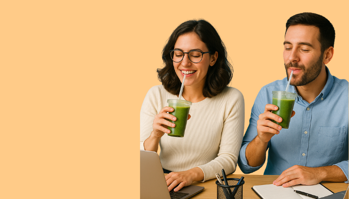 Abgebildet ist ein orangener Hintergrund auf dem zwei Personen einen grünen Smoothie trinken.