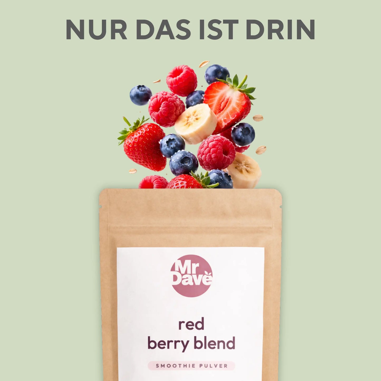 Zutaten des Mr. Dave Red Mix: Himbeeren, Erdbeeren, Blaubeeren, Banane und Haferflocken