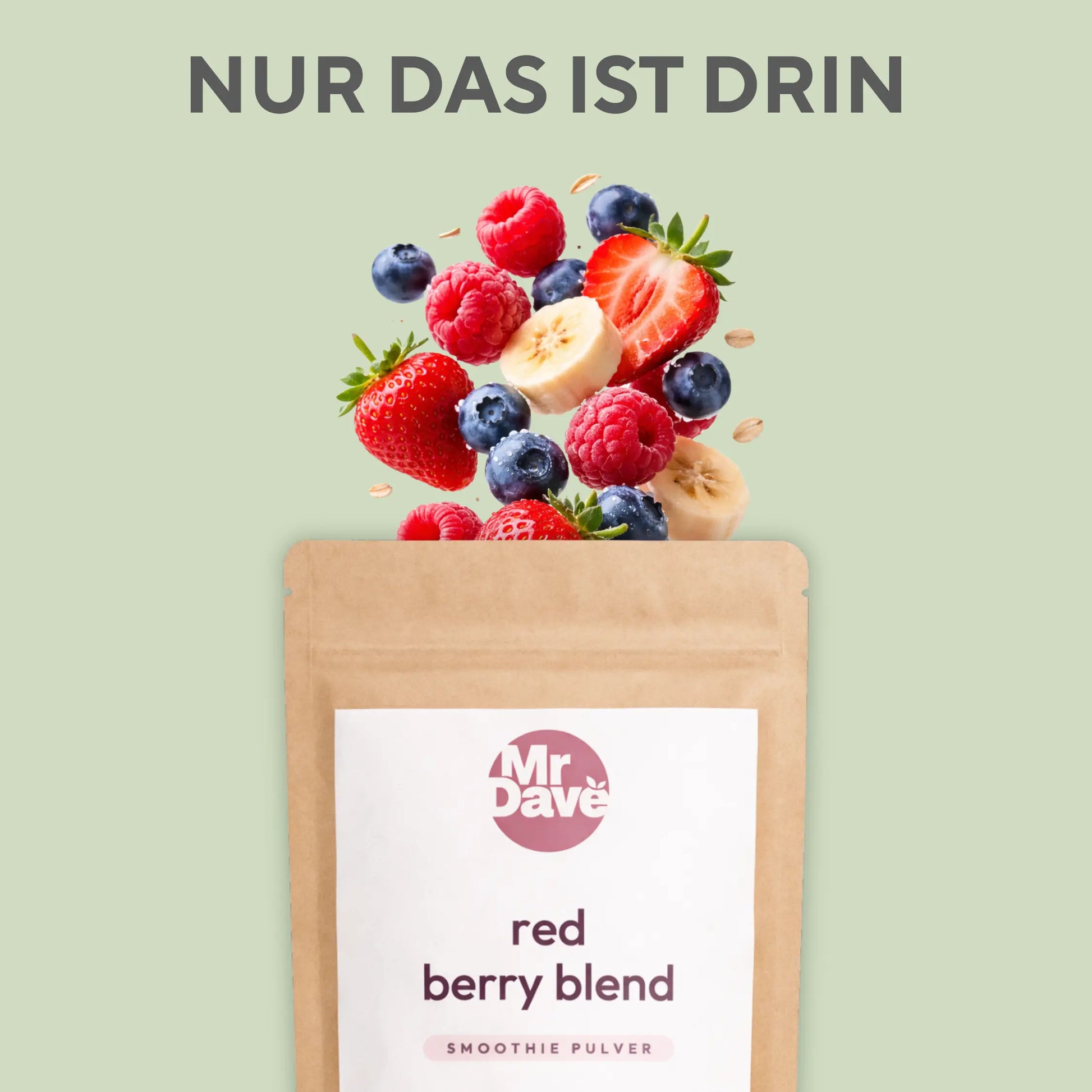Zutaten des Mr. Dave Red Mix: Himbeeren, Erdbeeren, Blaubeeren, Banane und Haferflocken