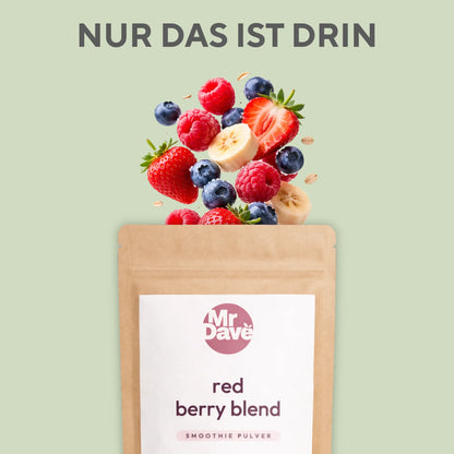 Zutaten des Mr. Dave Red Mix: Himbeeren, Erdbeeren, Blaubeeren, Banane und Haferflocken
