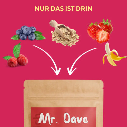 Zutaten des Mr. Dave Red Mix: Himbeeren, Erdbeeren, Blaubeeren, Banane und Haferflocken