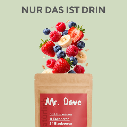Zutaten des Mr. Dave Red Mix: Himbeeren, Erdbeeren, Blaubeeren, Banane und Haferflocken