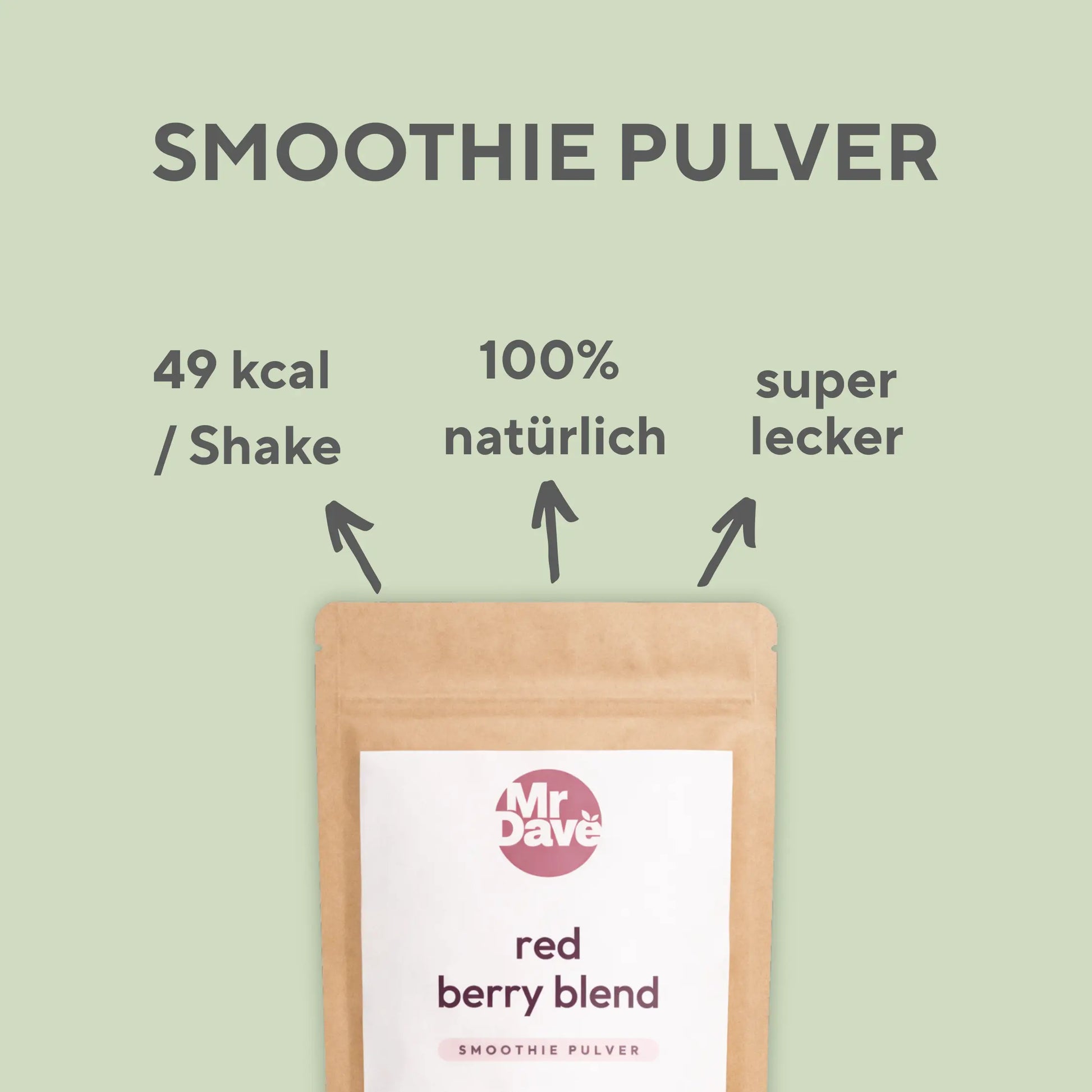Grafik mit Mr. Dave Red Mix Smoothie Pulver und hervorgehobenen Vorteilen wie 49 kcal pro Shake und 100 Prozent natürlichen Zutaten