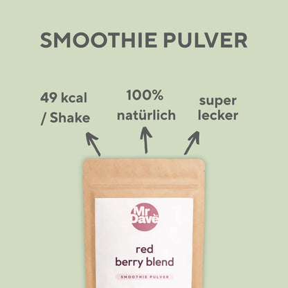 Grafik mit Mr. Dave Red Mix Smoothie Pulver und hervorgehobenen Vorteilen wie 49 kcal pro Shake und 100 Prozent natürlichen Zutaten