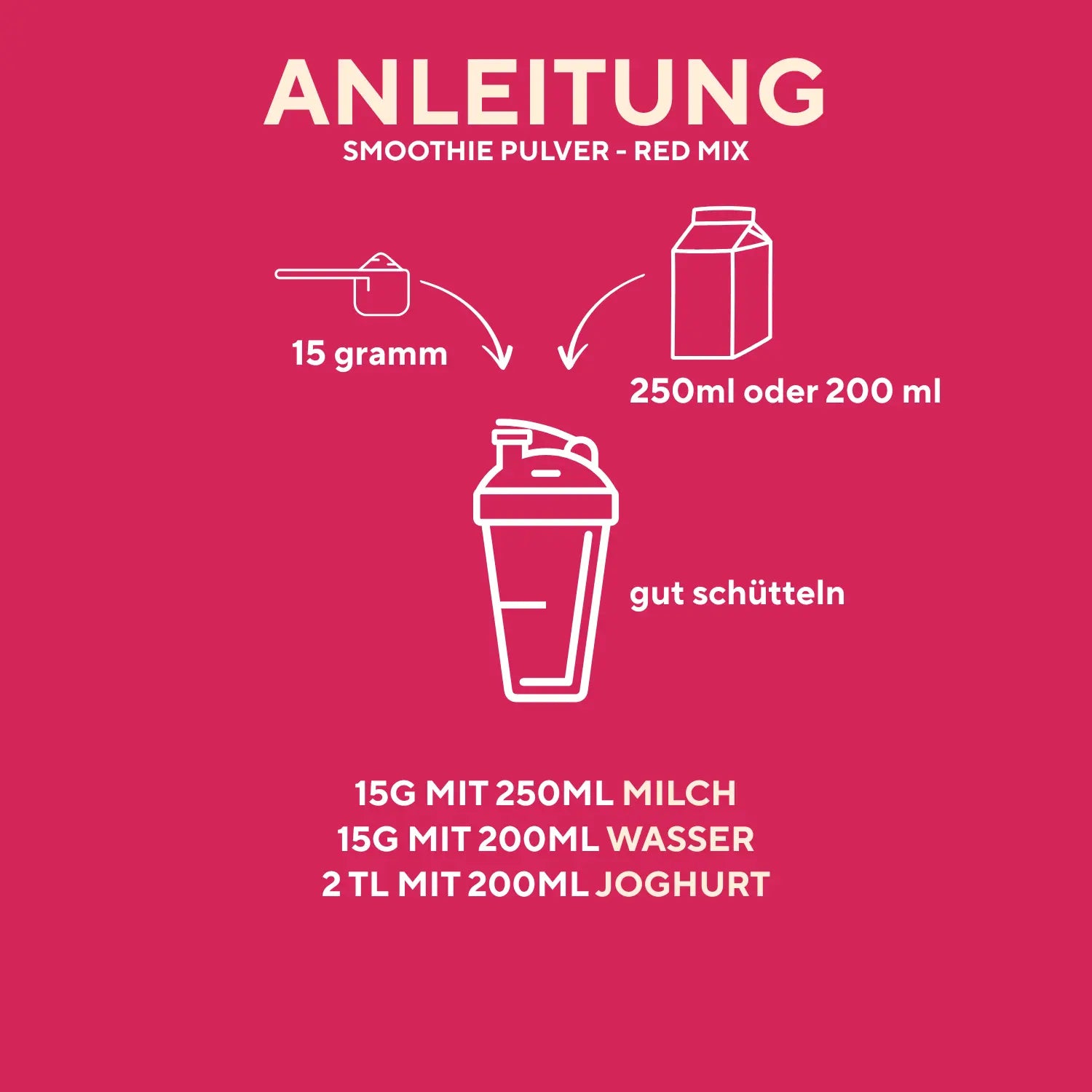 Zubereitungsanleitung für den Mr. Dave Red Mix: 15 Gramm Pulver mit 200–250 ml Flüssigkeit mischen und gut schütteln