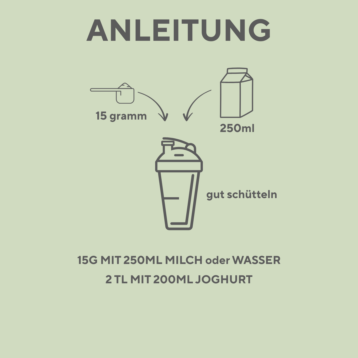 Zubereitungsanleitung für den Mr. Dave Red Mix: 15 Gramm Pulver mit 200–250 ml Flüssigkeit mischen und gut schütteln