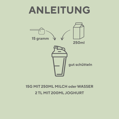 Zubereitungsanleitung für den Mr. Dave Red Mix: 15 Gramm Pulver mit 200–250 ml Flüssigkeit mischen und gut schütteln