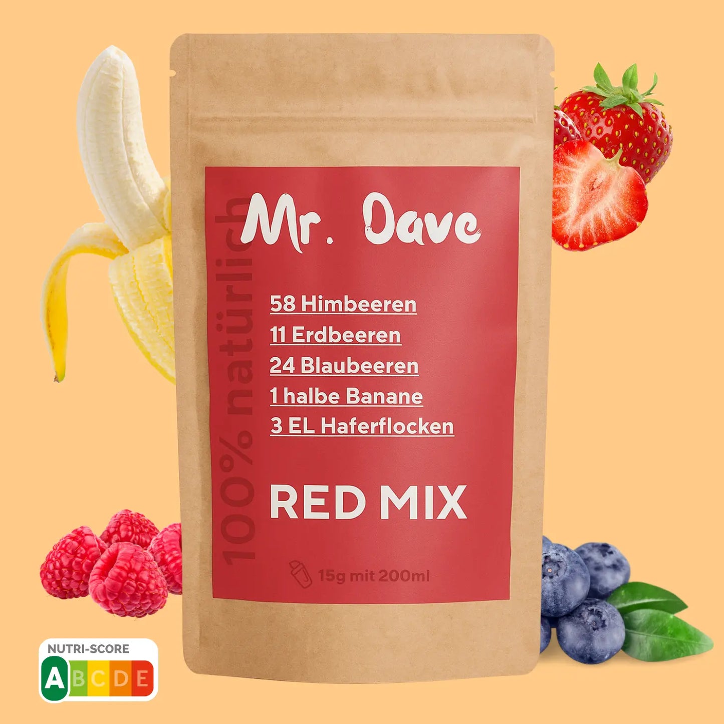 Mr. Dave Smoothie Pulver Red Mix mit gefriergetrockneten Beeren, Banane und Haferflocken
