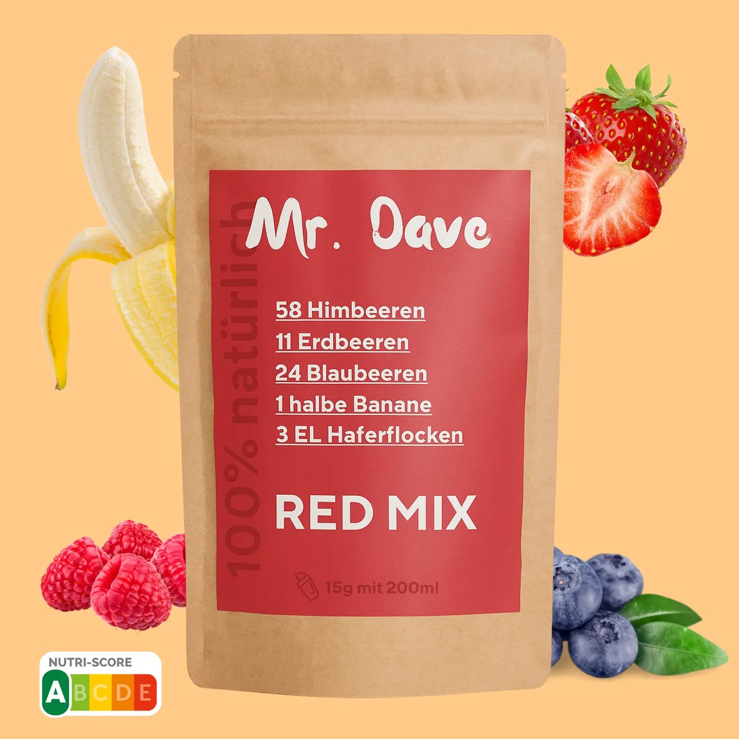 Mr. Dave Smoothie Pulver Red Mix mit gefriergetrockneten Beeren, Banane und Haferflocken