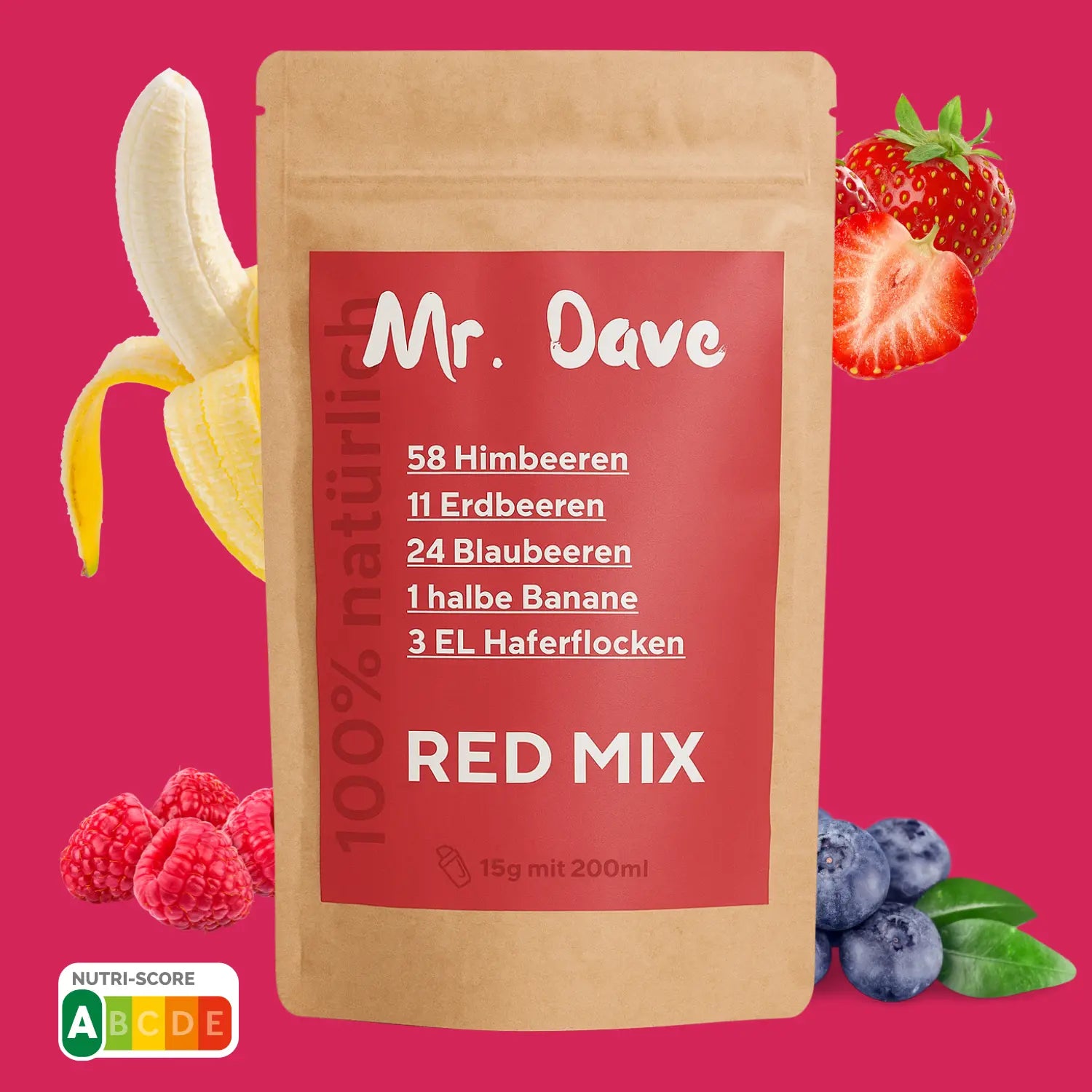 Mr. Dave Smoothie Pulver Red Mix mit gefriergetrockneten Beeren, Banane und Haferflocken