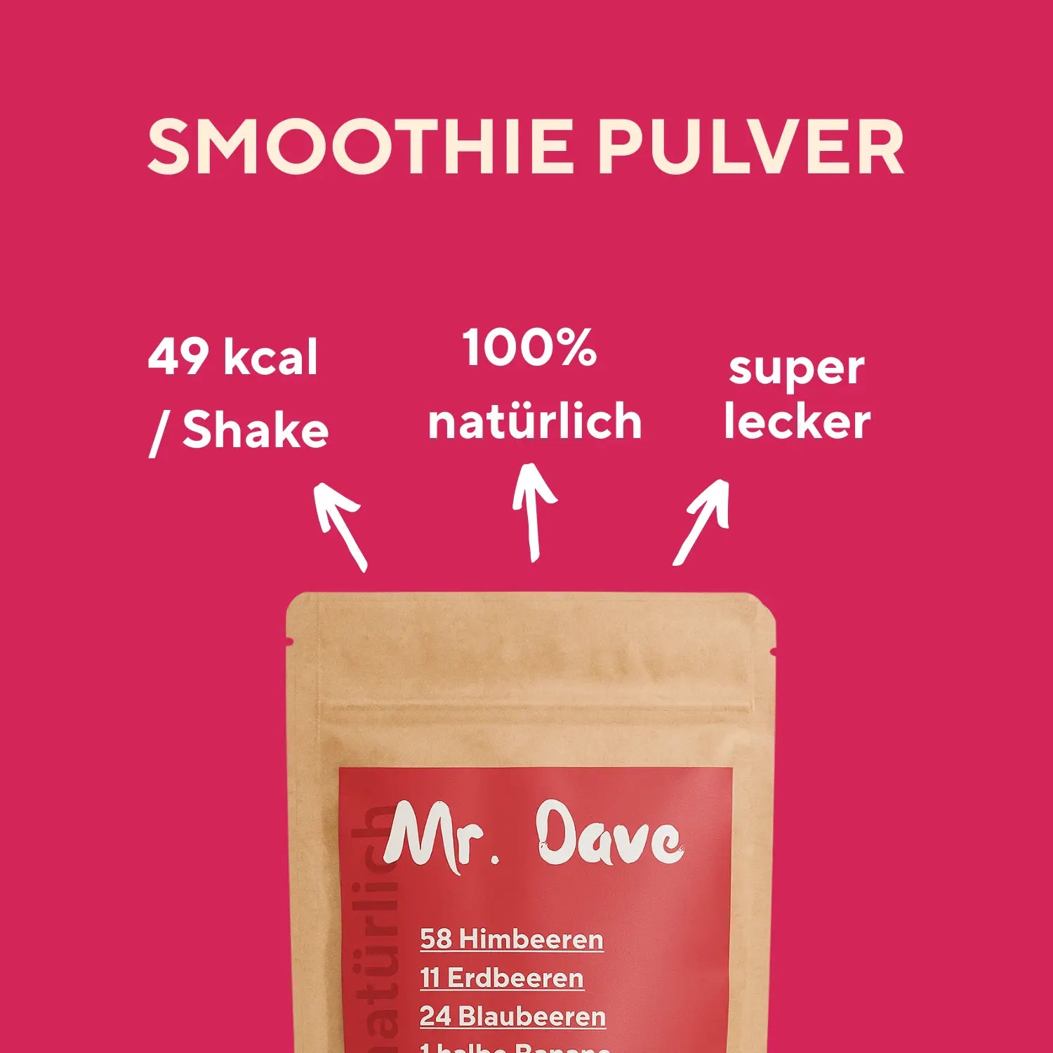 Grafik mit Mr. Dave Red Mix Smoothie Pulver und hervorgehobenen Vorteilen wie 49 kcal pro Shake und 100 Prozent natürlichen Zutaten