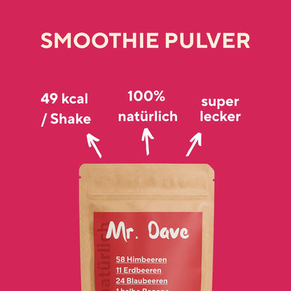 Grafik mit Mr. Dave Red Mix Smoothie Pulver und hervorgehobenen Vorteilen wie 49 kcal pro Shake und 100 Prozent natürlichen Zutaten