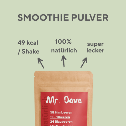 Grafik mit Mr. Dave Red Mix Smoothie Pulver und hervorgehobenen Vorteilen wie 49 kcal pro Shake und 100 Prozent natürlichen Zutaten