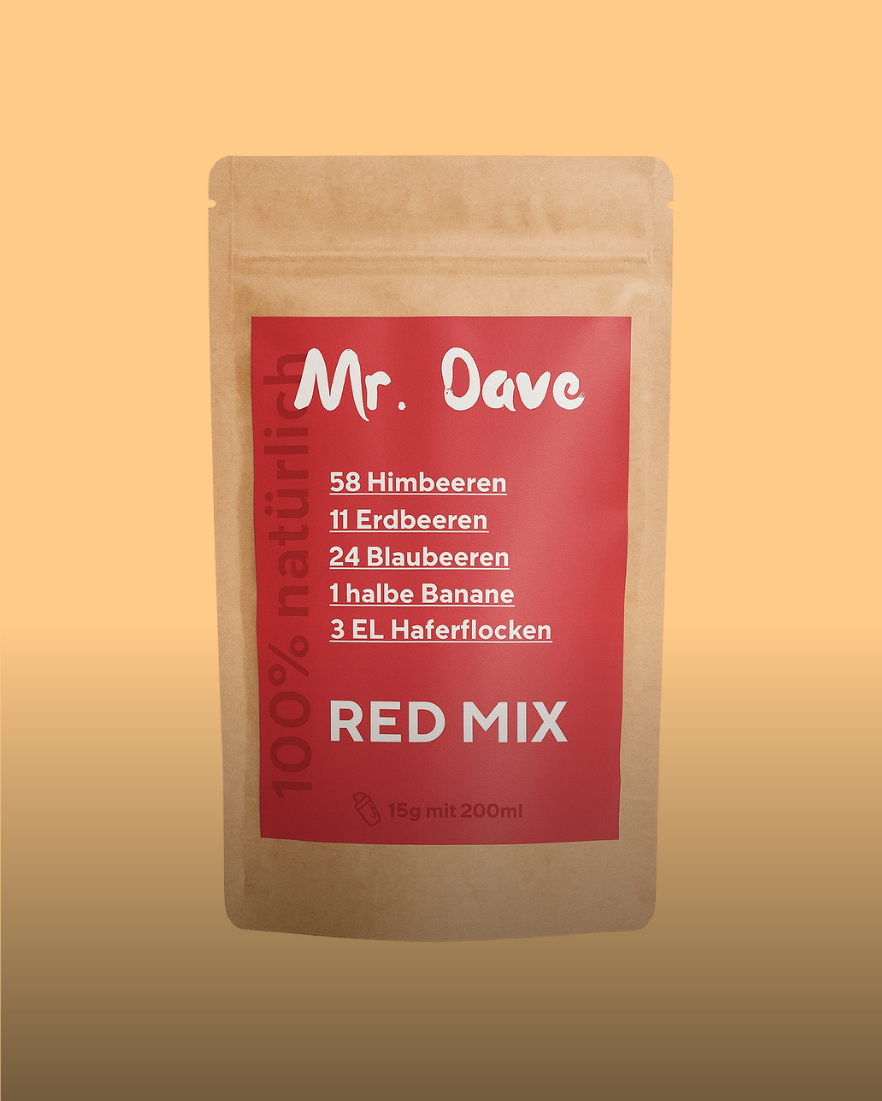 Produktfoto einer Mr. Dave Red Mix Verpackung mit rotem Etikett und sichtbarer Zutatenliste.